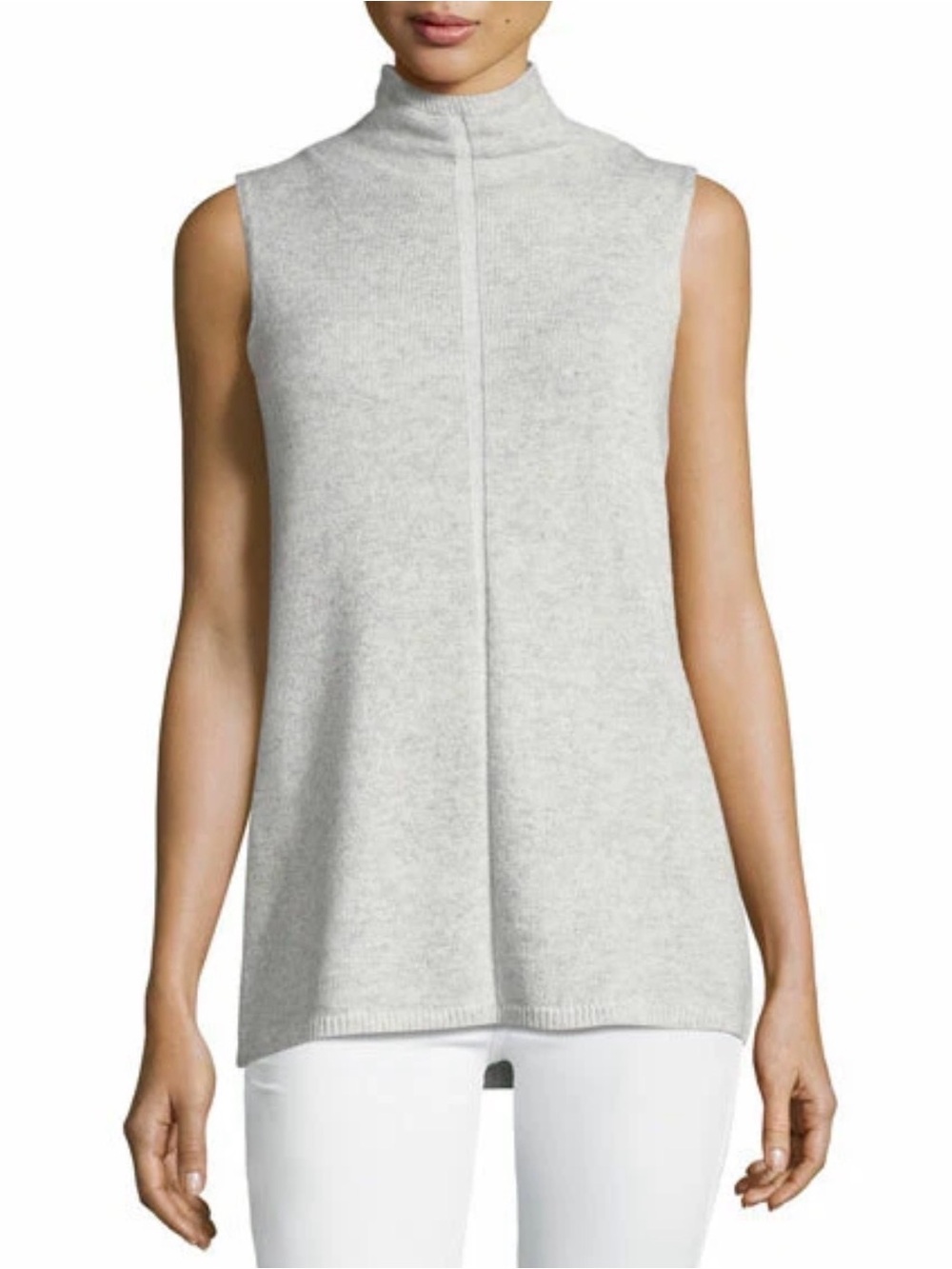 LAFAYETTE 148 Mock Turtle Neck Cashmere Sleeveless Sweater Gray Cream Small